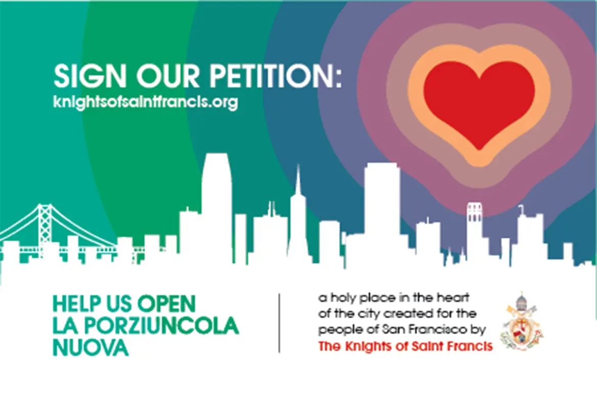 Verso of postcard with illustration of San Francisco skyline and headline, "Sign our petition."