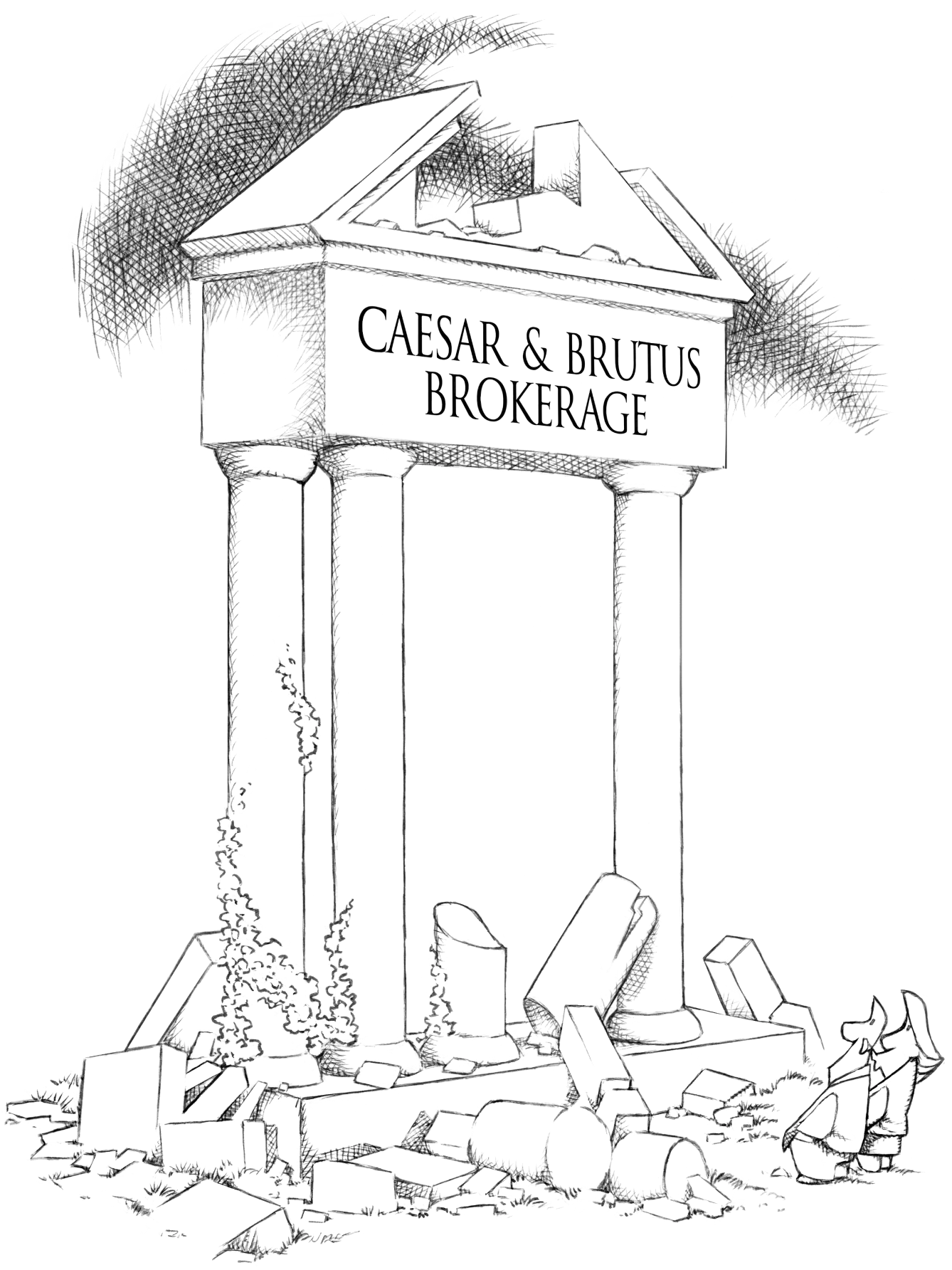 Cartoon of middle-aged couple standing at base of ancient ruins as they stare up at a sign reading 'Caesar & Brutus Brokerage.'