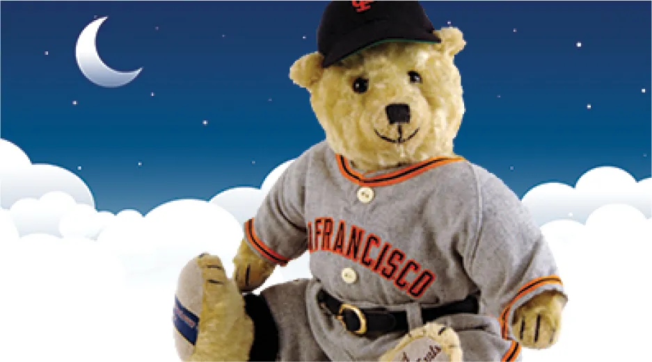 Teddy bear floating on clouds, wearing San Francisco Giants shirt and cap