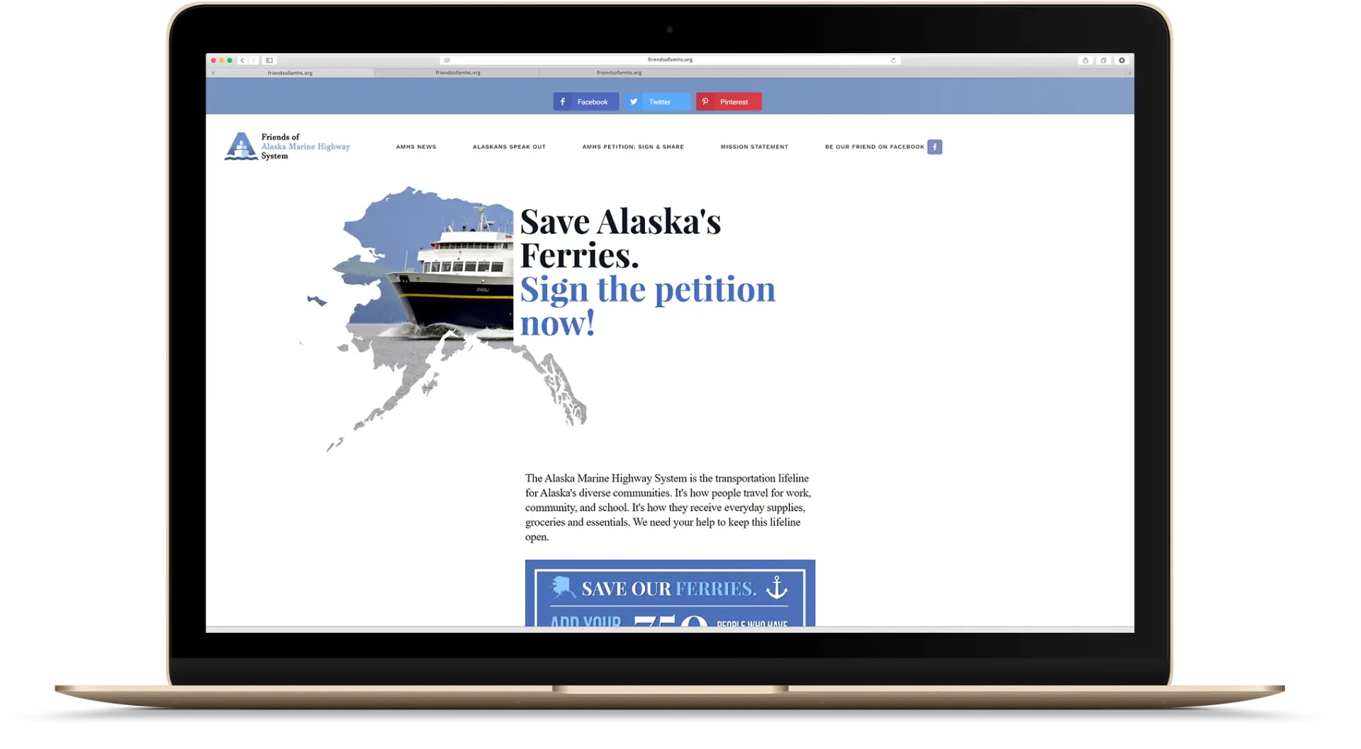 Laptop displaying Friends of Alaska Marine Highway System website designed by Tungsten Advertising agency