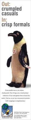 Vertical newspaper advertisement featuring rare and collectable Steiff plush toy penguin, with headline "Out: crumpled casuals. In: crisp formals."