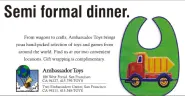Horizontal newspaper advertisement featuring baby's bib with truck printed on front, and headline "Semi formal dinner."