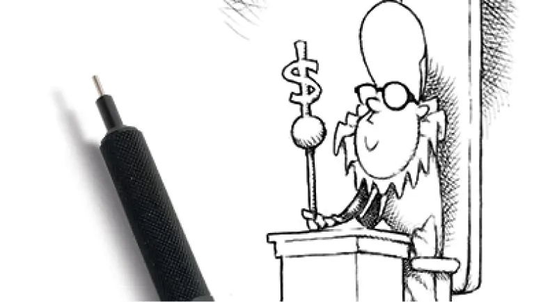 Hand-drawn cartoon illustration by Tom Meyer, alongside a Rotring pen.