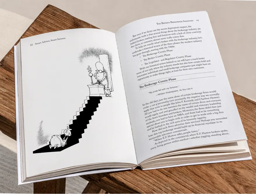 Open book with cartoon illustration on left page, and text on right hand side.