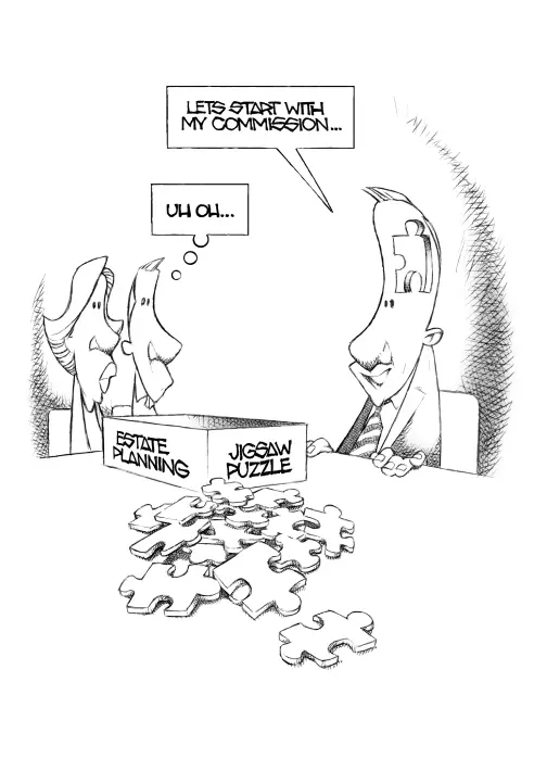 Cartoon titled "Jigsaw" showing a couple sitting across the desk from a broker, as speech blurb from the broker says, "Let's start with my commission."